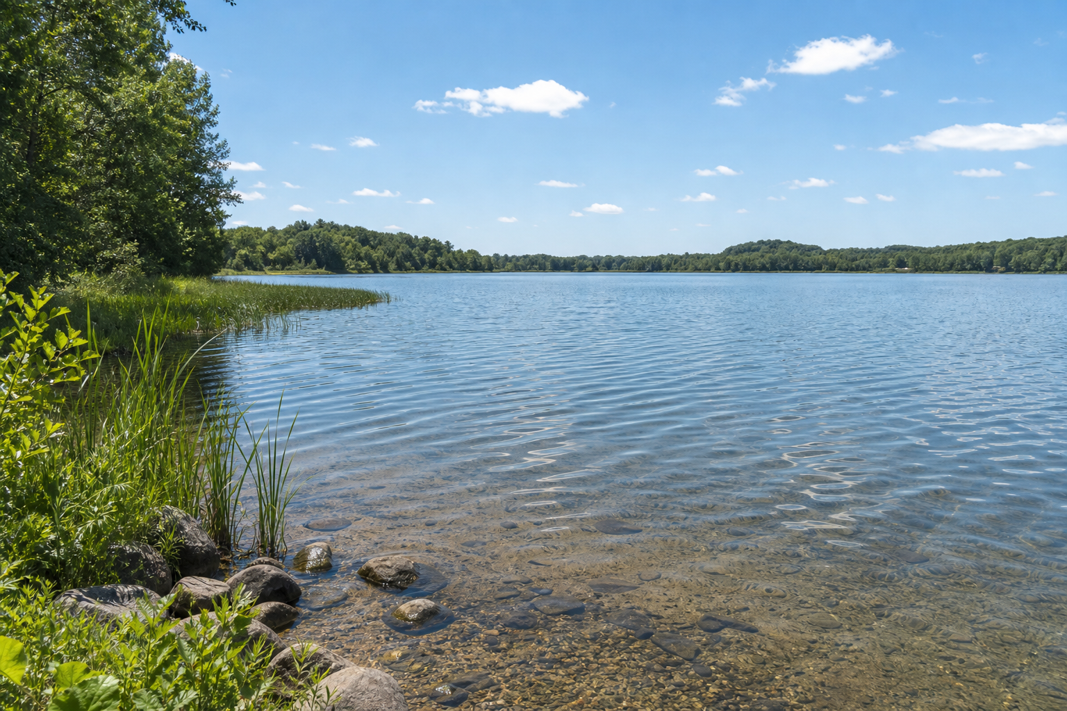 Clear glacial lake water beside reeds, stones and a mixed-forest shoreline