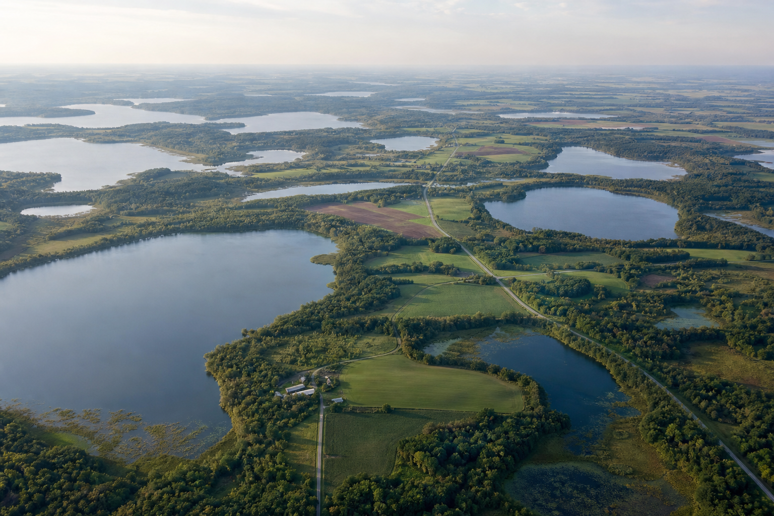 Aerial view of separate lakes, wetlands, woods, farms and roads across rolling glacial terrain