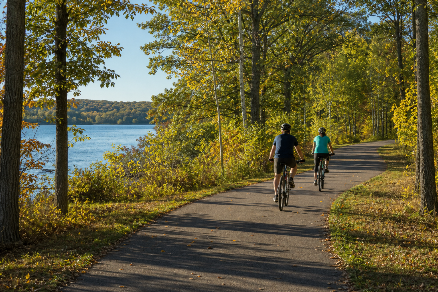 Two helmeted adults cycle a paved wooded trail beside a lake