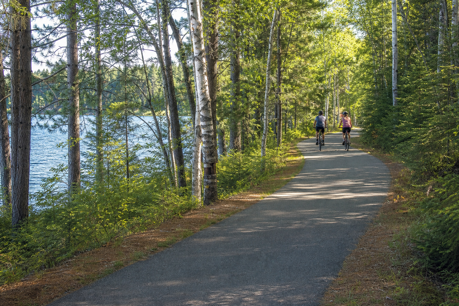 Dos ciclistas con casco recorren un sendero pavimentado junto al lago