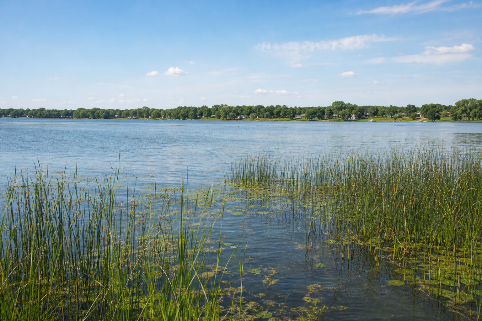 Bulrush and aquatic plants along a broad central Minnesota lake