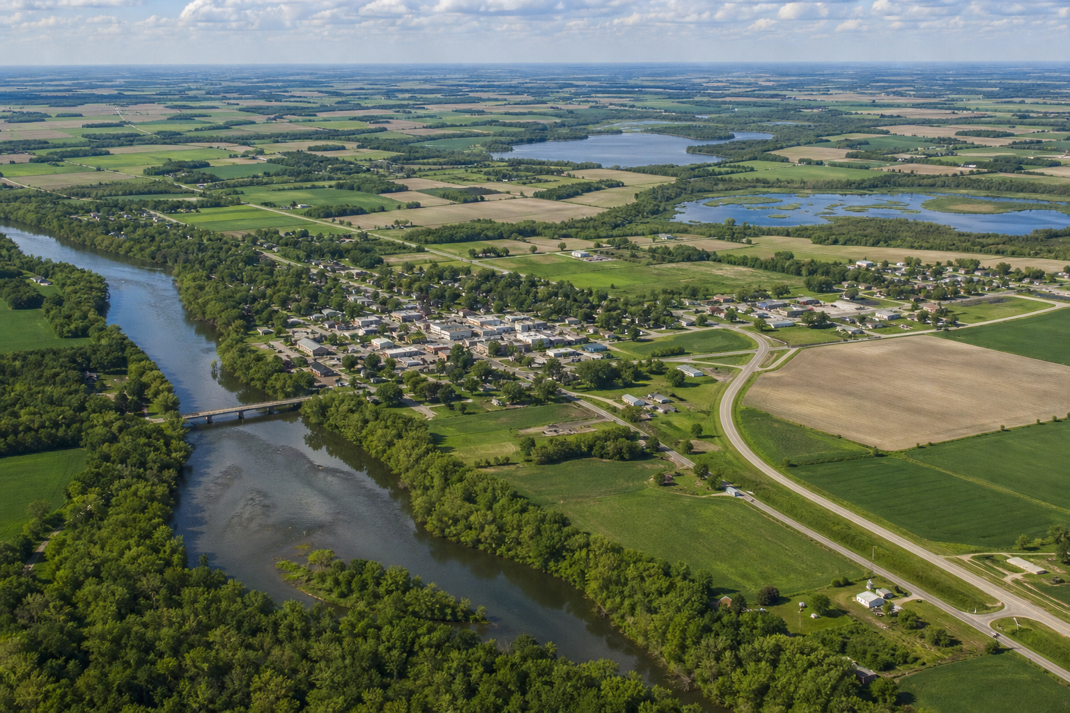 High view across a river town, farmland, wetlands and inland lakes