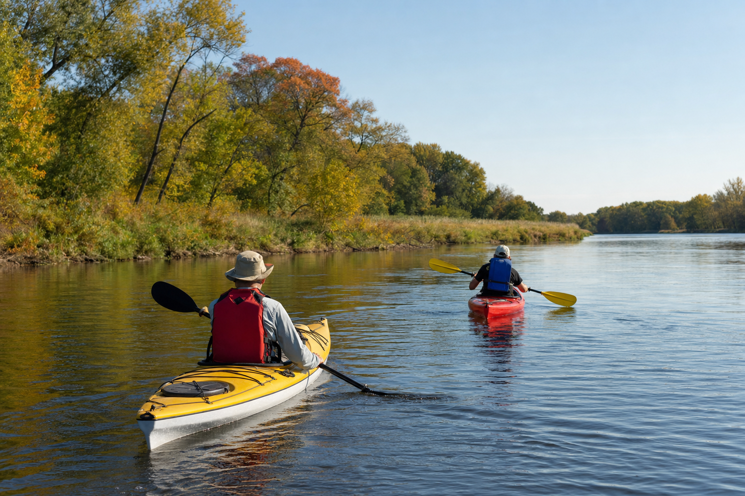 Two adults wearing life jackets paddle kayaks on a broad calm river