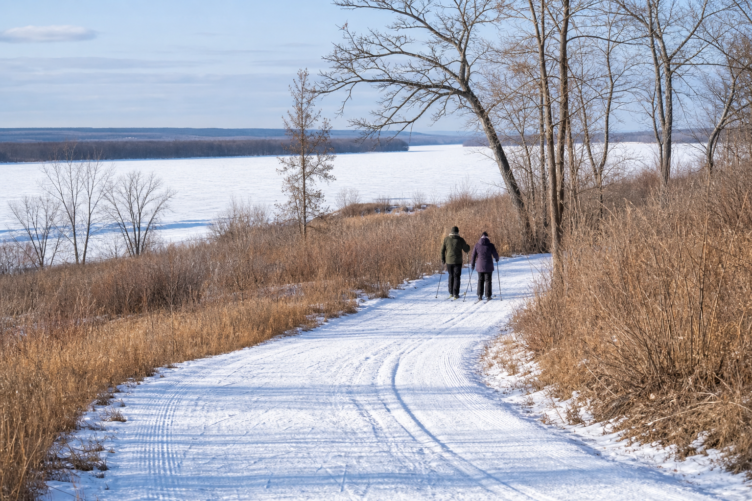 Two skiers follow a snowy prairie trail above a broad frozen river