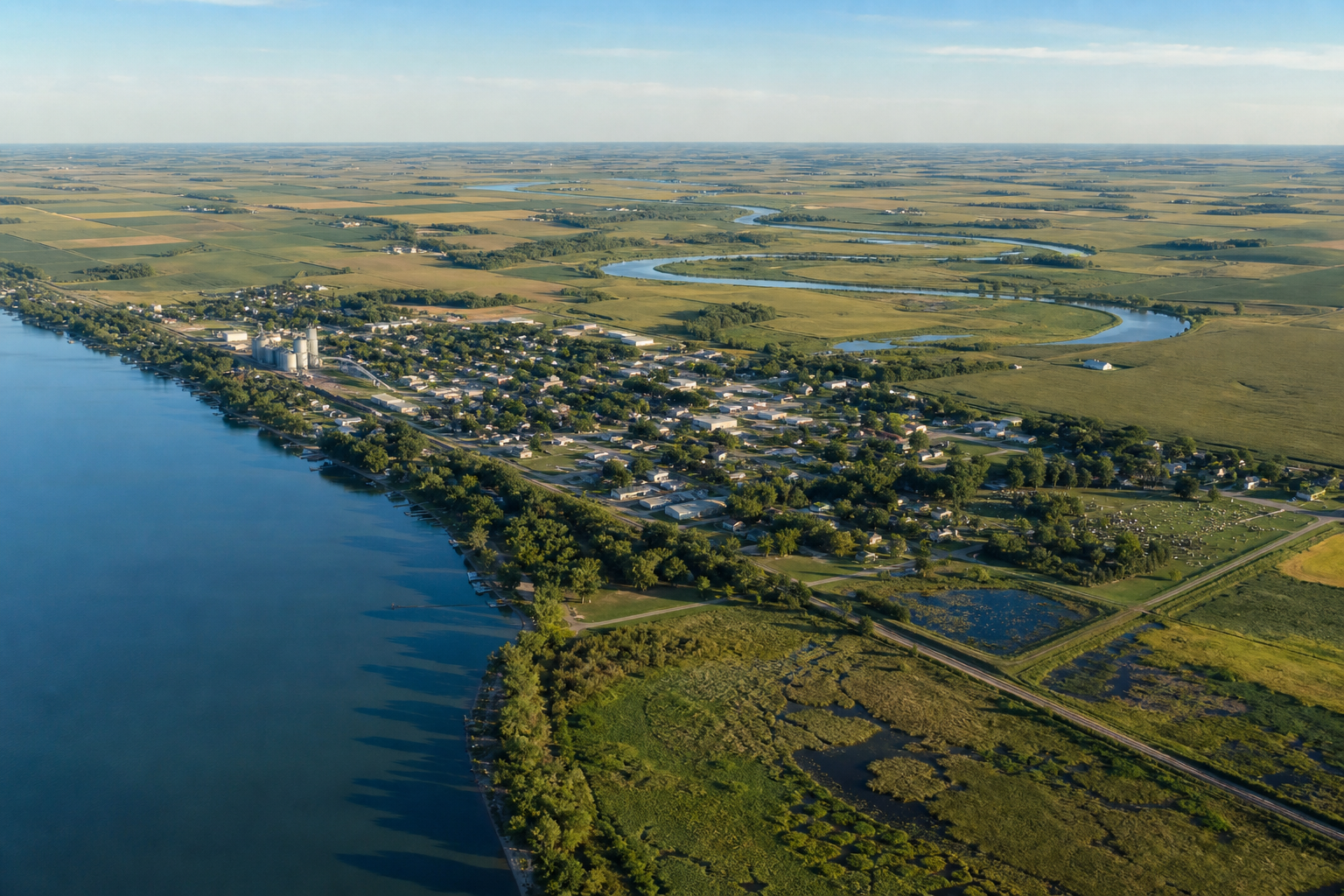 Vista ilustrativa elevada de una ciudad de pradera entre un gran lago, humedales, campos y un río sinuoso