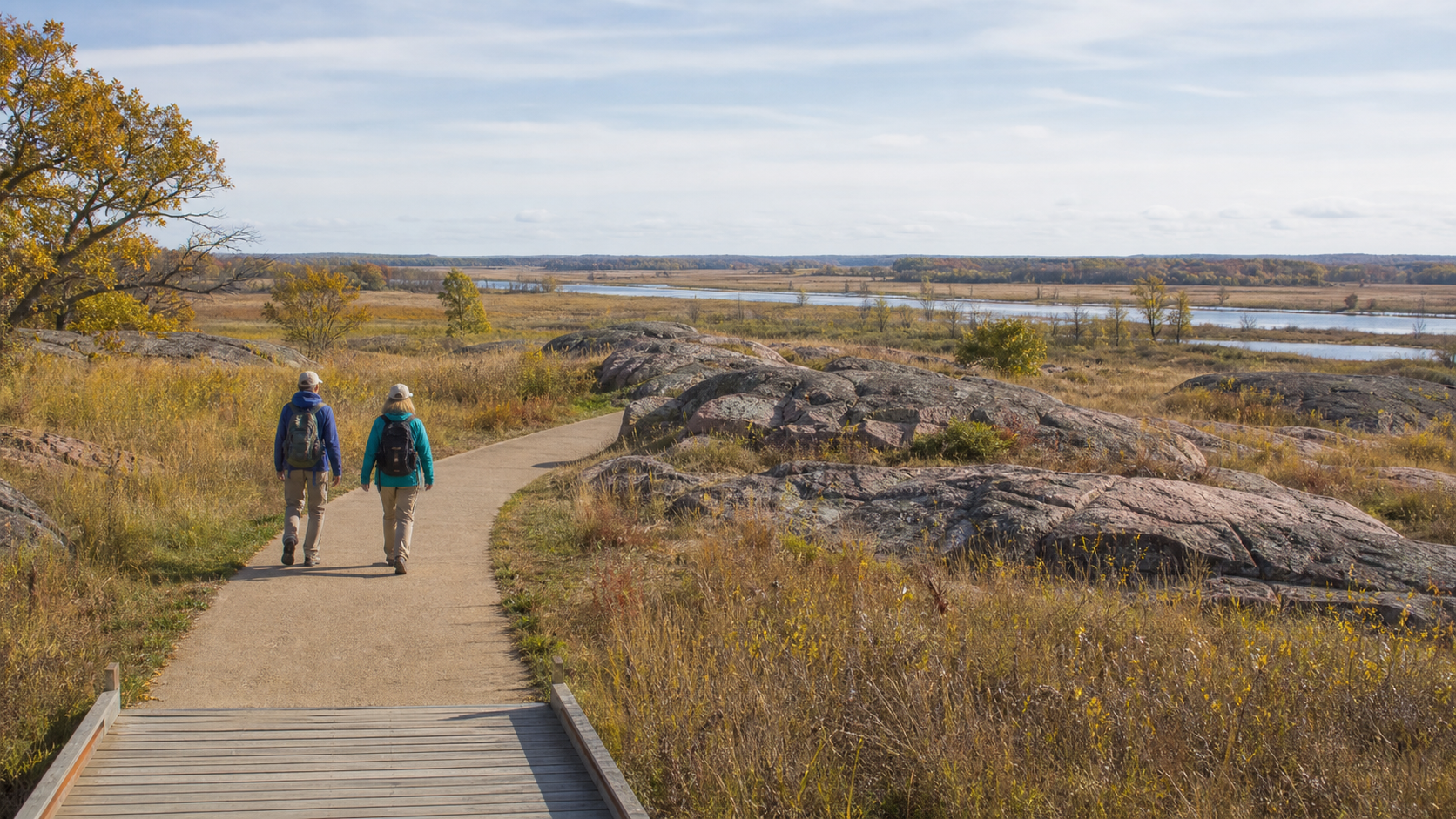Dos senderistas recorren un sendero accesible de pradera entre granito hacia humedales del río Minnesota