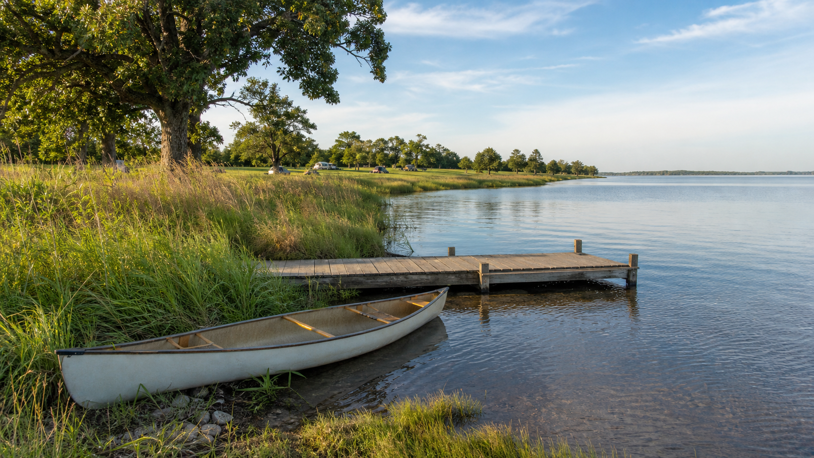 Canoa y muelle ilustrativos en un amplio lago de pradera junto a robles y un camping lejano