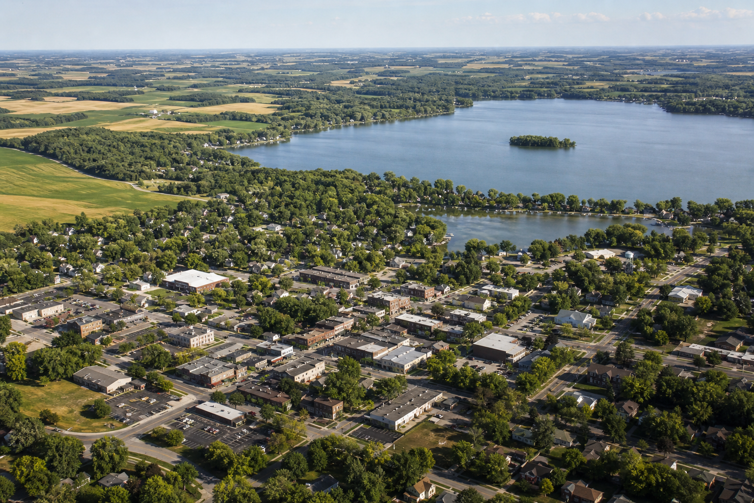 Elevated view of a Carver County town beside a broad lake, wooded shore and farm fields