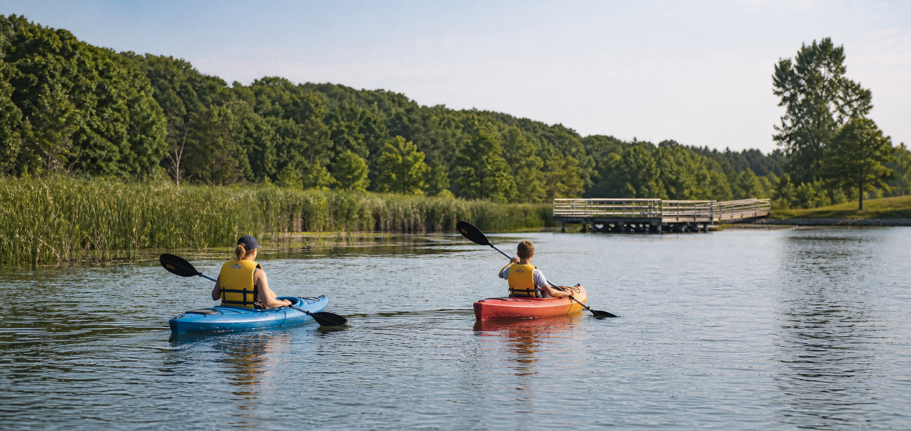 Two life-jacketed paddlers on a small wooded lake with a wetland edge and fishing pier