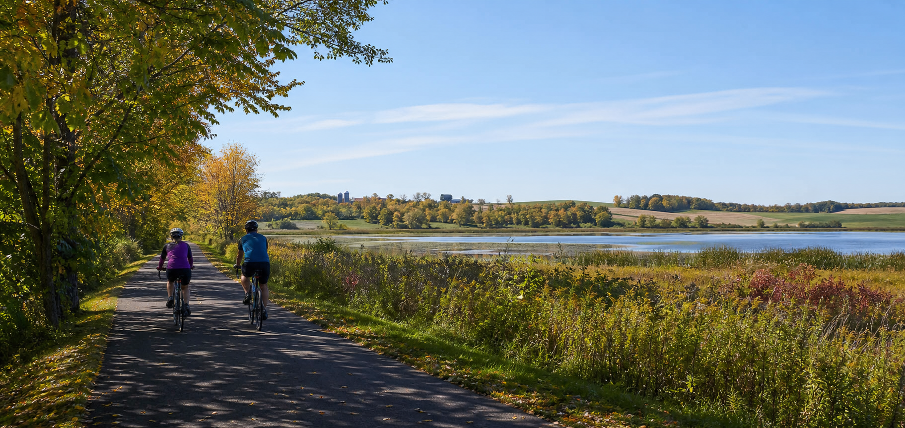 Two helmeted cyclists on a paved trail beside wetland, lake and rolling farm fields