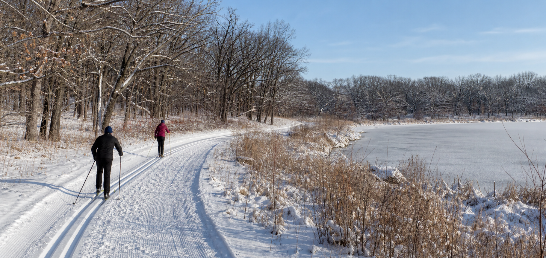 Cross-country skiers on a groomed land trail through oak woods beside a frozen small lake