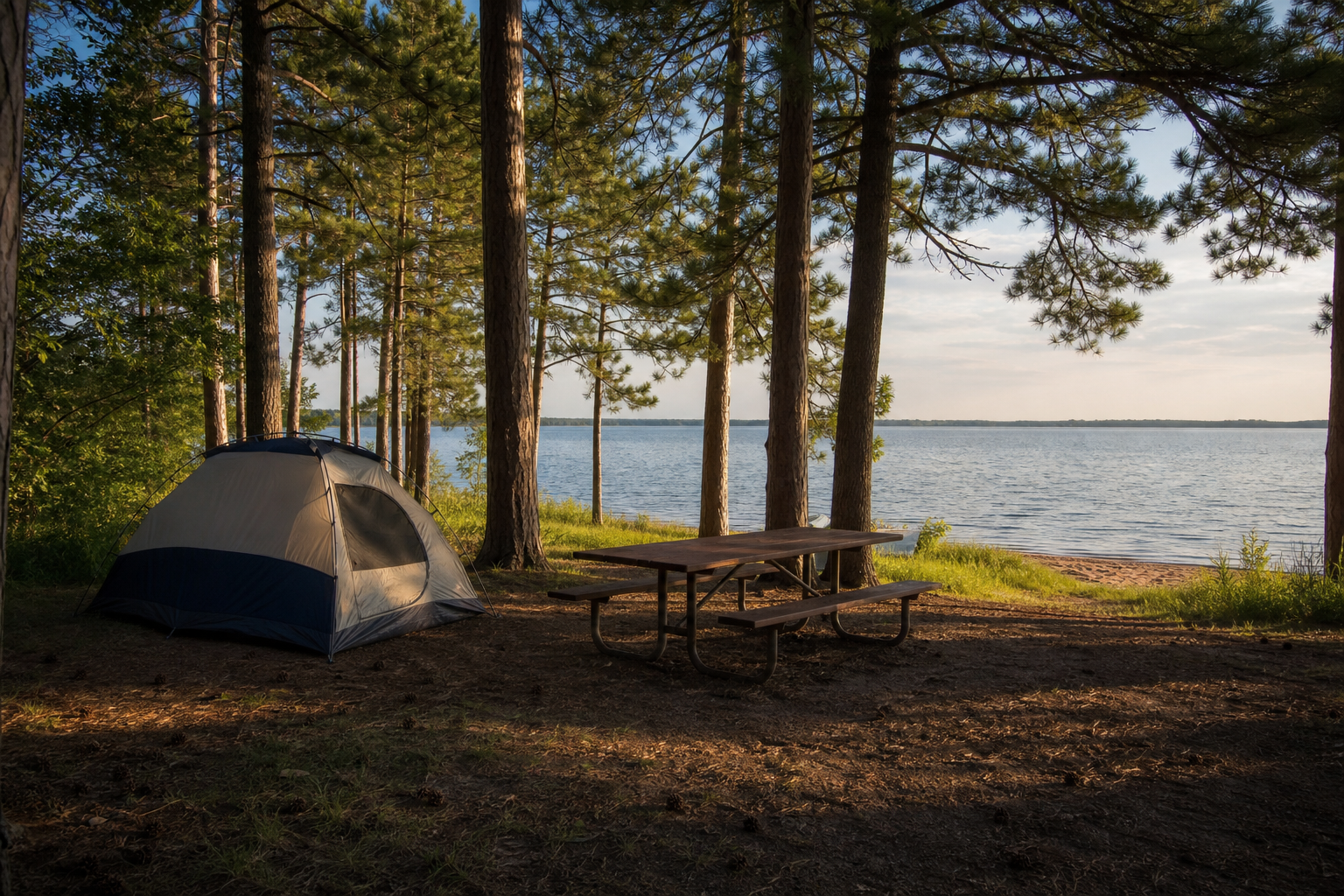 Zelt und Picknicktisch unter hohen Kiefern an einem weiten See.