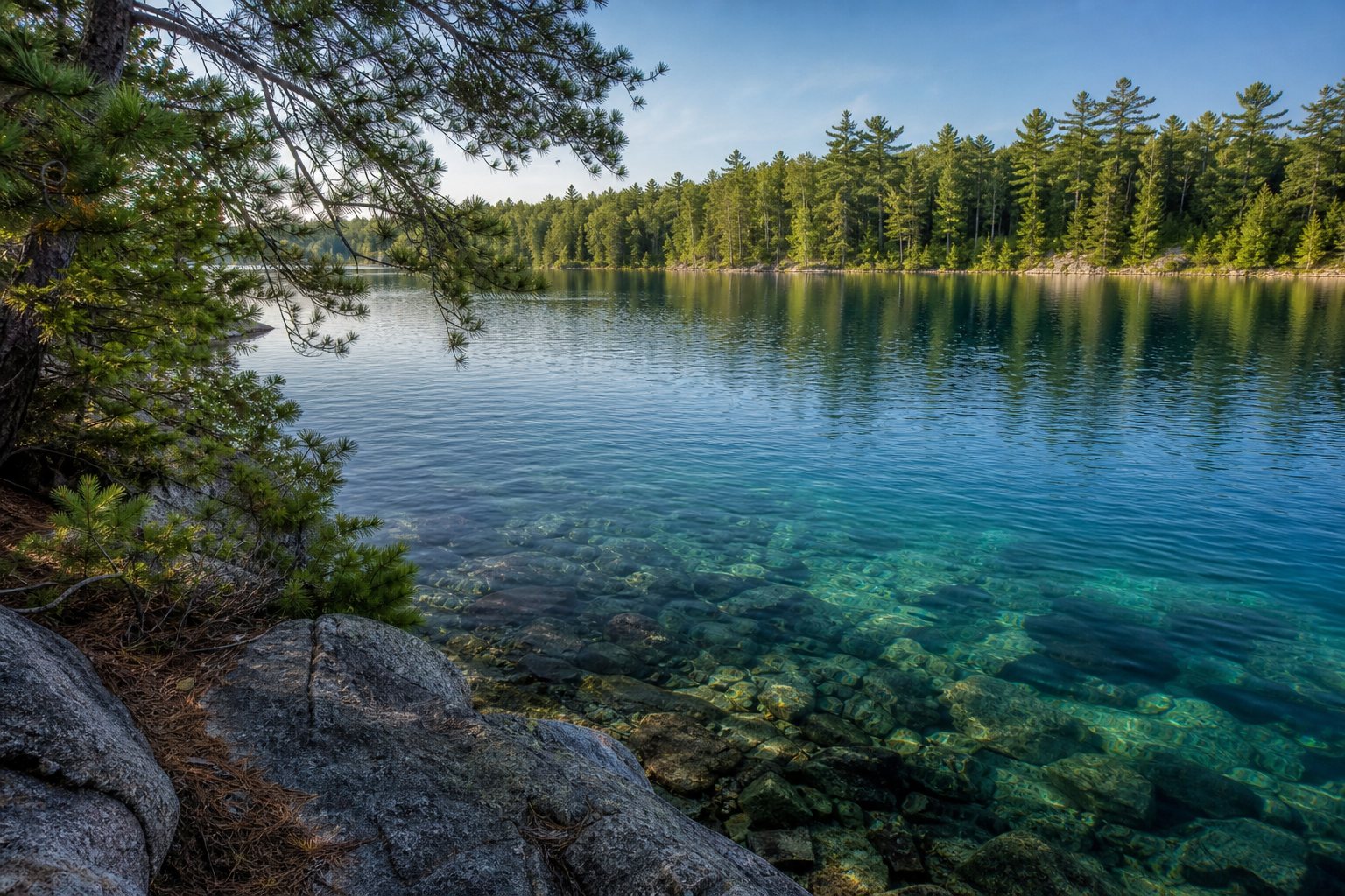 Blaugrünes klares Wasser zeigt runde Steine an einem kieferngesäumten Ufer.