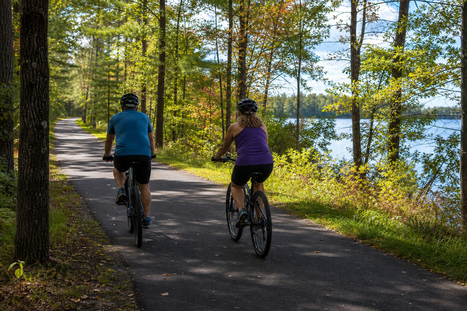 Zwei behelmte Radfahrende auf befestigtem Waldweg am blauen See