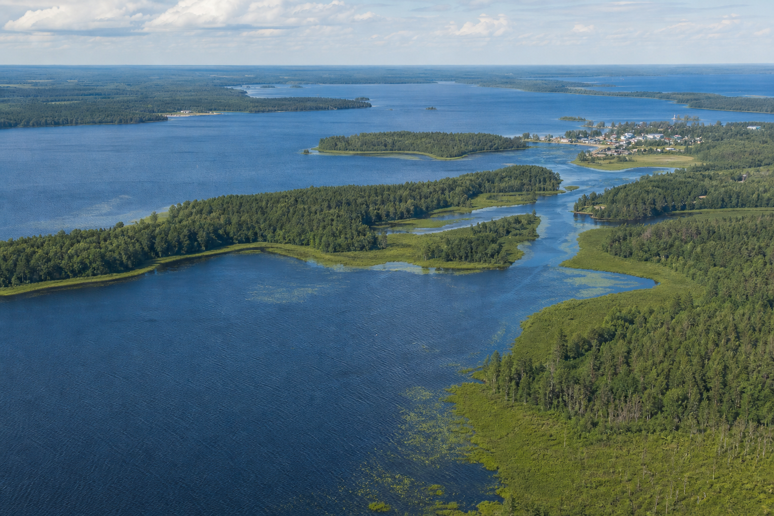 Luftbild eines bewaldeten Sees und gewundenen Flusses in nördlichem Feuchtland
