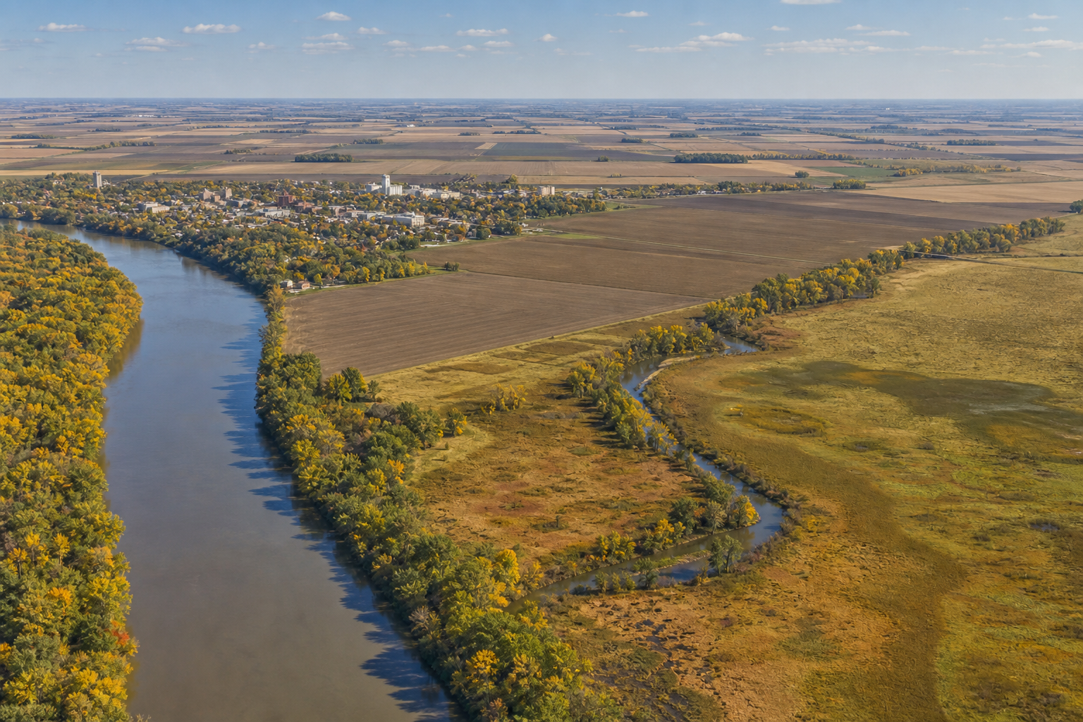 High view across a river town, farmland, wetlands and inland lakes
