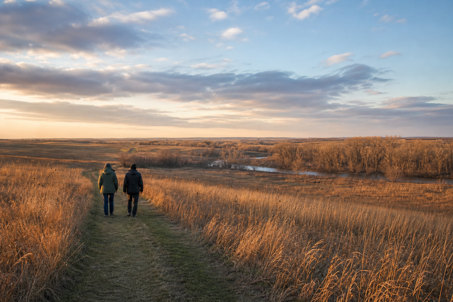 Two adults walk a mowed trail through golden tallgrass prairie above a narrow river
