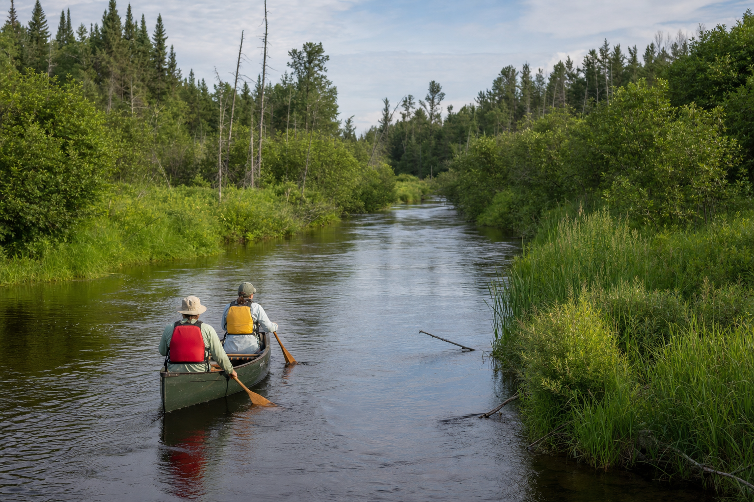 Two adults wearing life jackets paddle a canoe through a narrow wetland river corridor