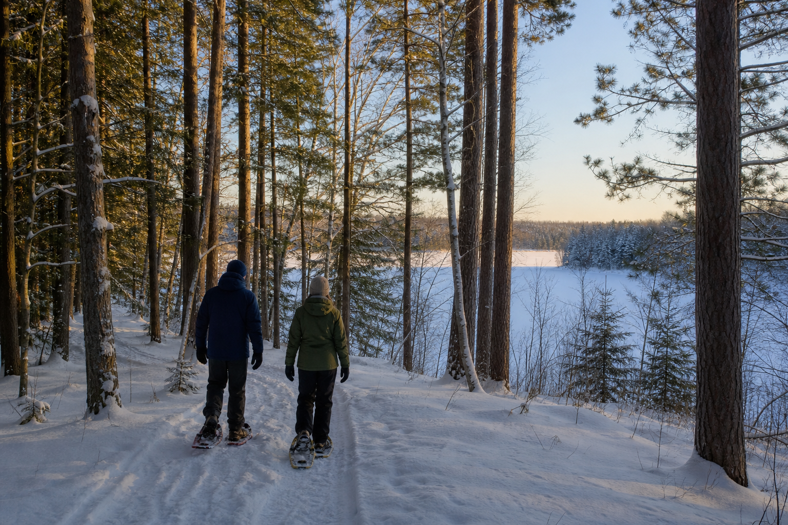 Two adults snowshoe on a pine forest path with a frozen lake visible through the trees