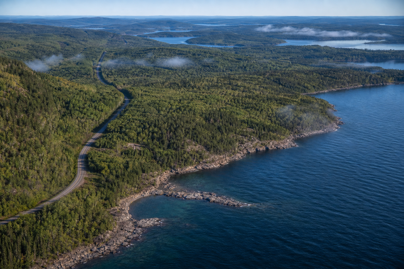 Aerial view from a rocky Lake Superior shore across boreal ridges toward inland lakes