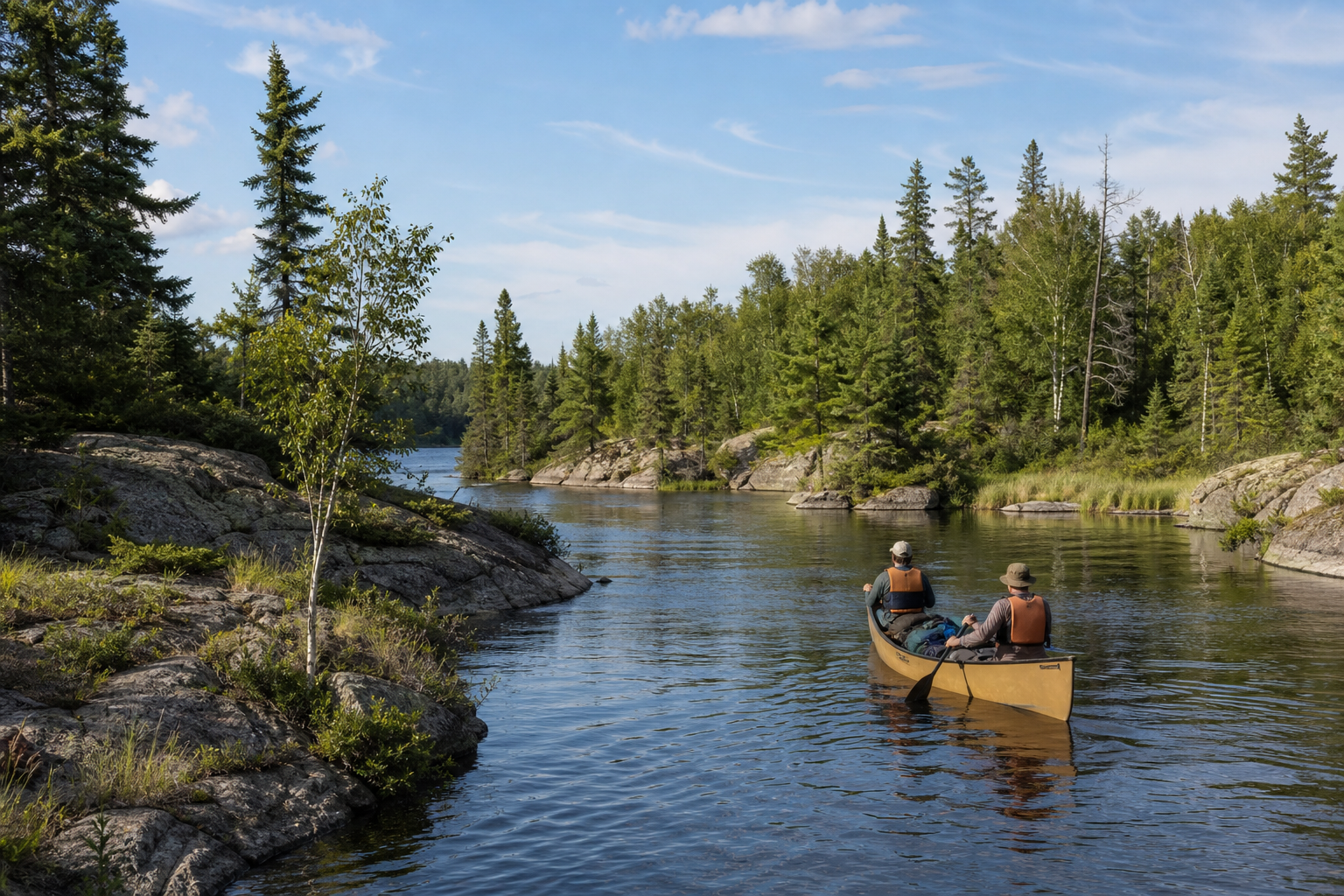 Two adults in life jackets paddle a loaded canoe through a narrow boreal lake passage