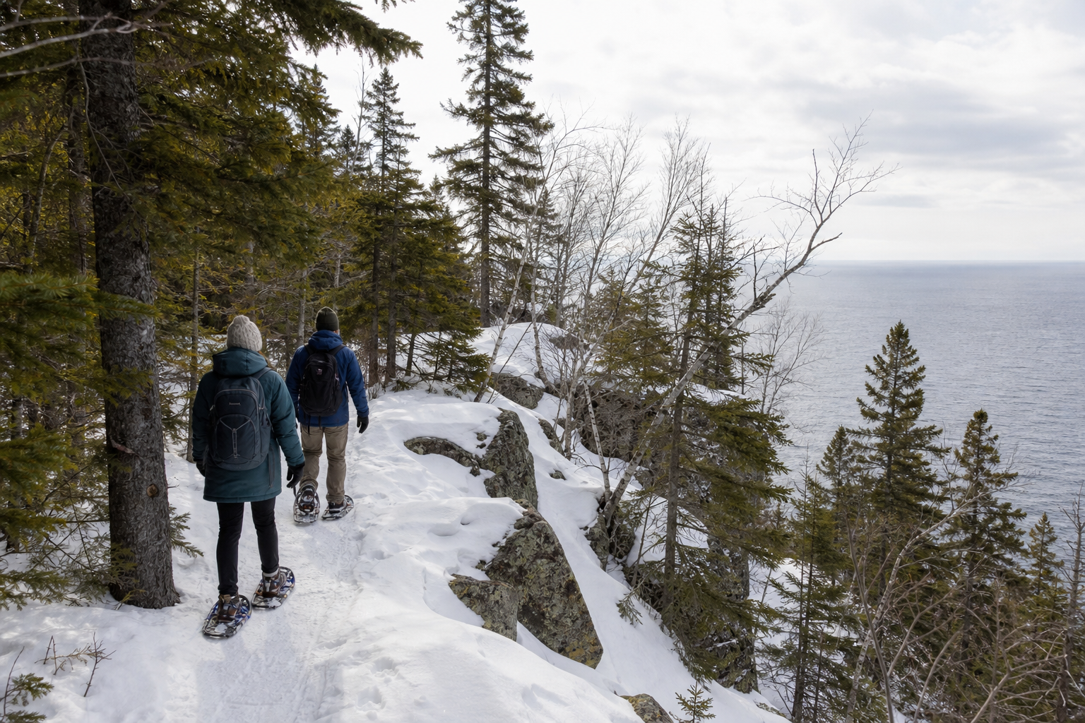 Two adults snowshoe on a boreal forest trail above open Lake Superior water