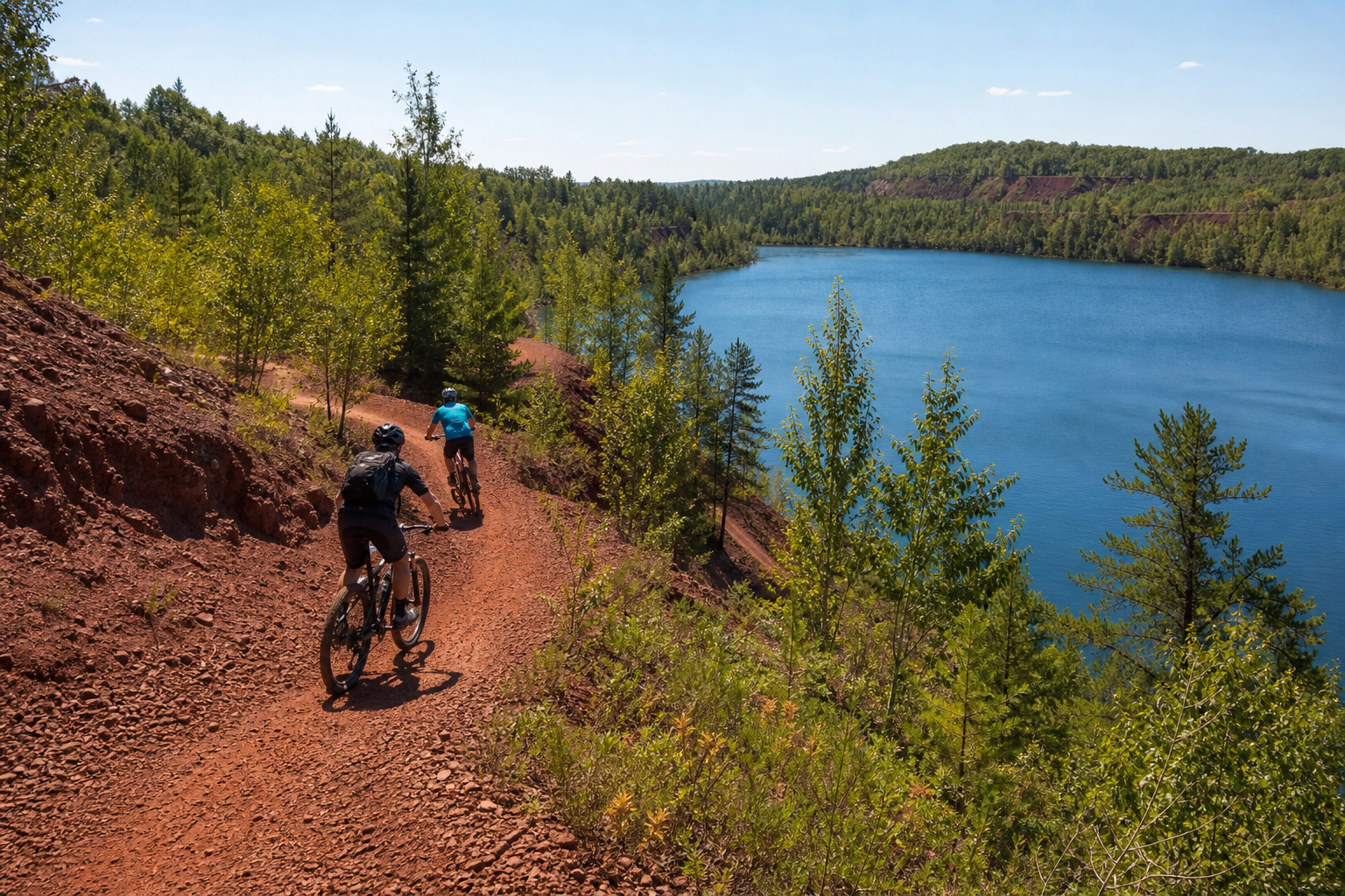 Helmeted cyclists follow a red-earth trail above a blue mine lake