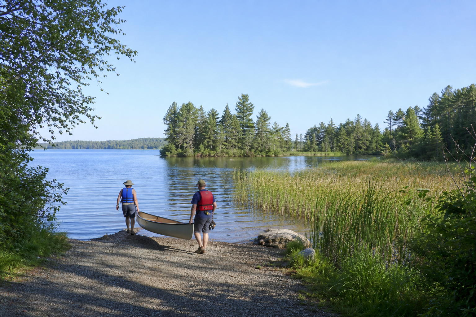Two adults in life jackets carry a canoe to a wooded northern Minnesota lake