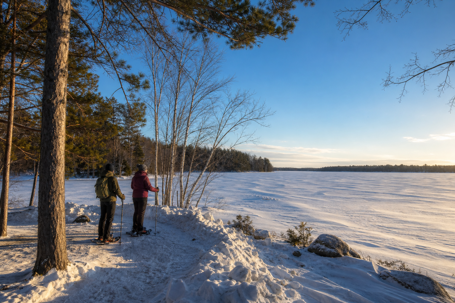 Two snowshoers pause on shore beside a frozen forest lake