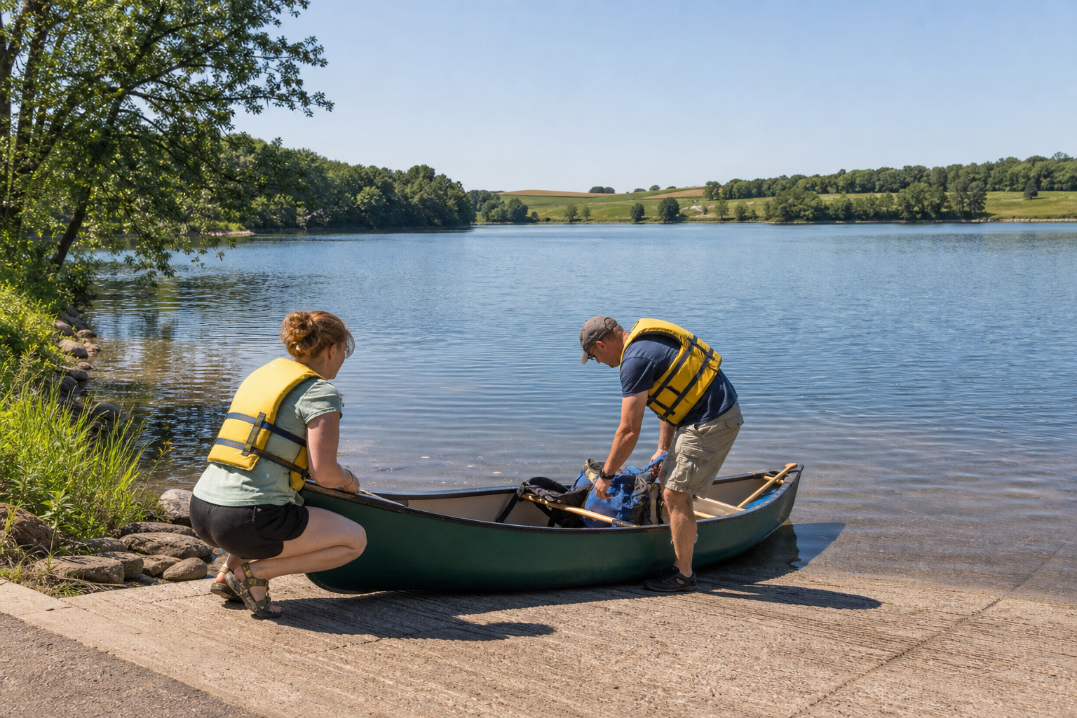 Two adults wearing life jackets prepare a canoe at a maintained lake access