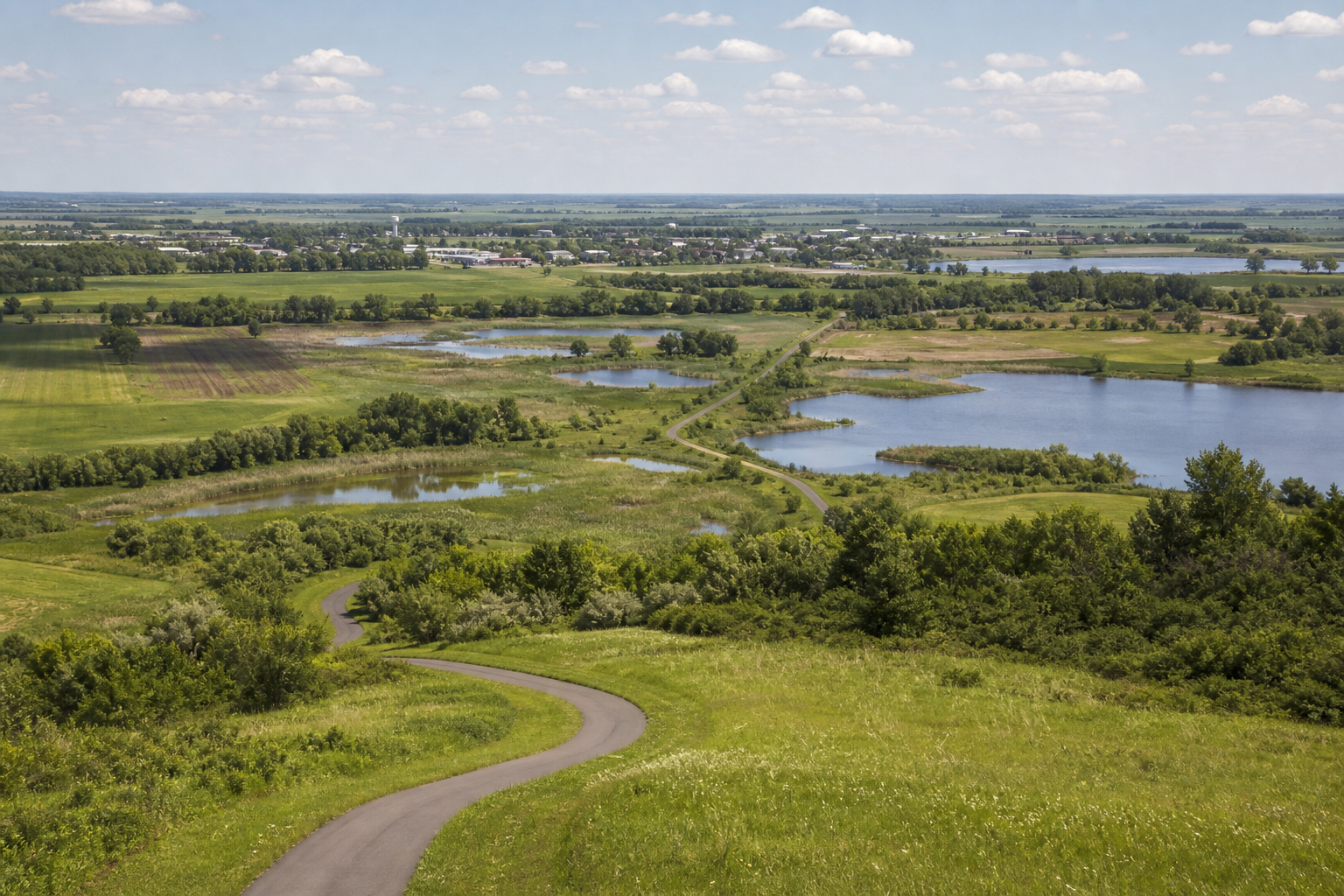Elevated view across rolling fields, wetlands, lakes and a paved trail in west-central Minnesota