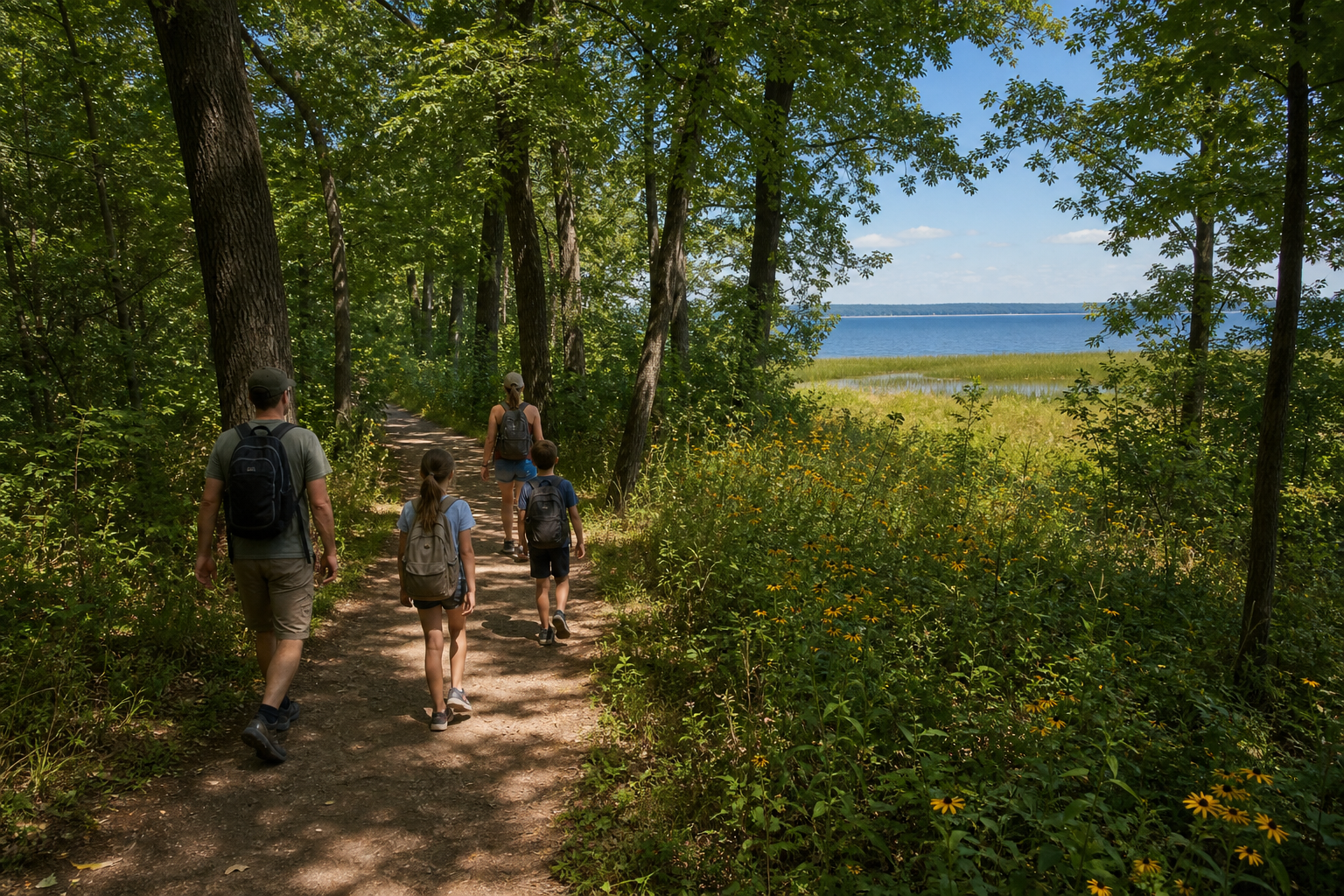 A family hikes through maple-basswood woodland toward a glacial lake and meadow