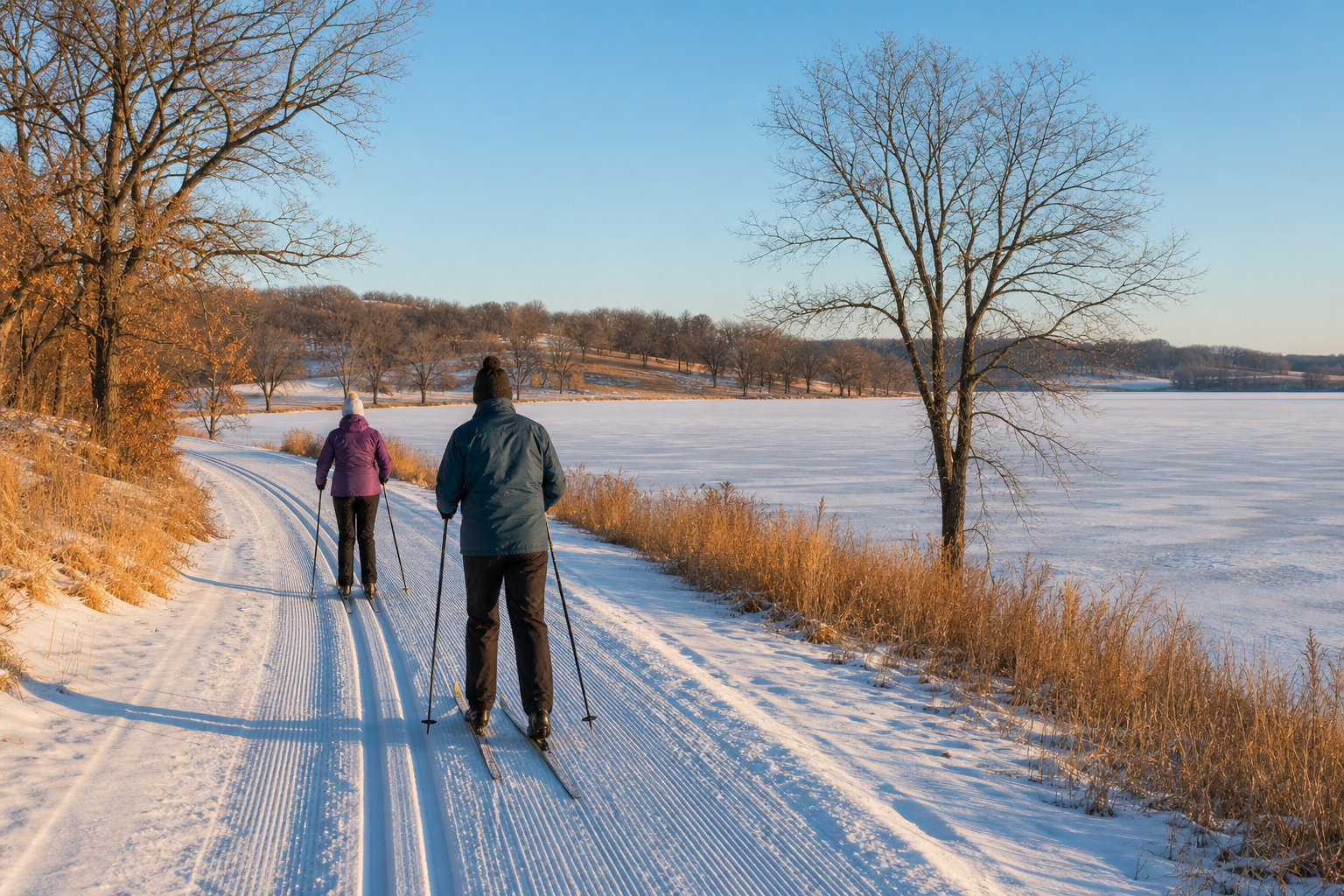 Two cross-country skiers follow a groomed land trail beside a frozen lake