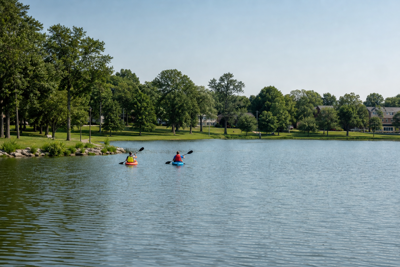 Two distant adults wearing life jackets paddle kayaks on an illustrative urban lake beside a public green space