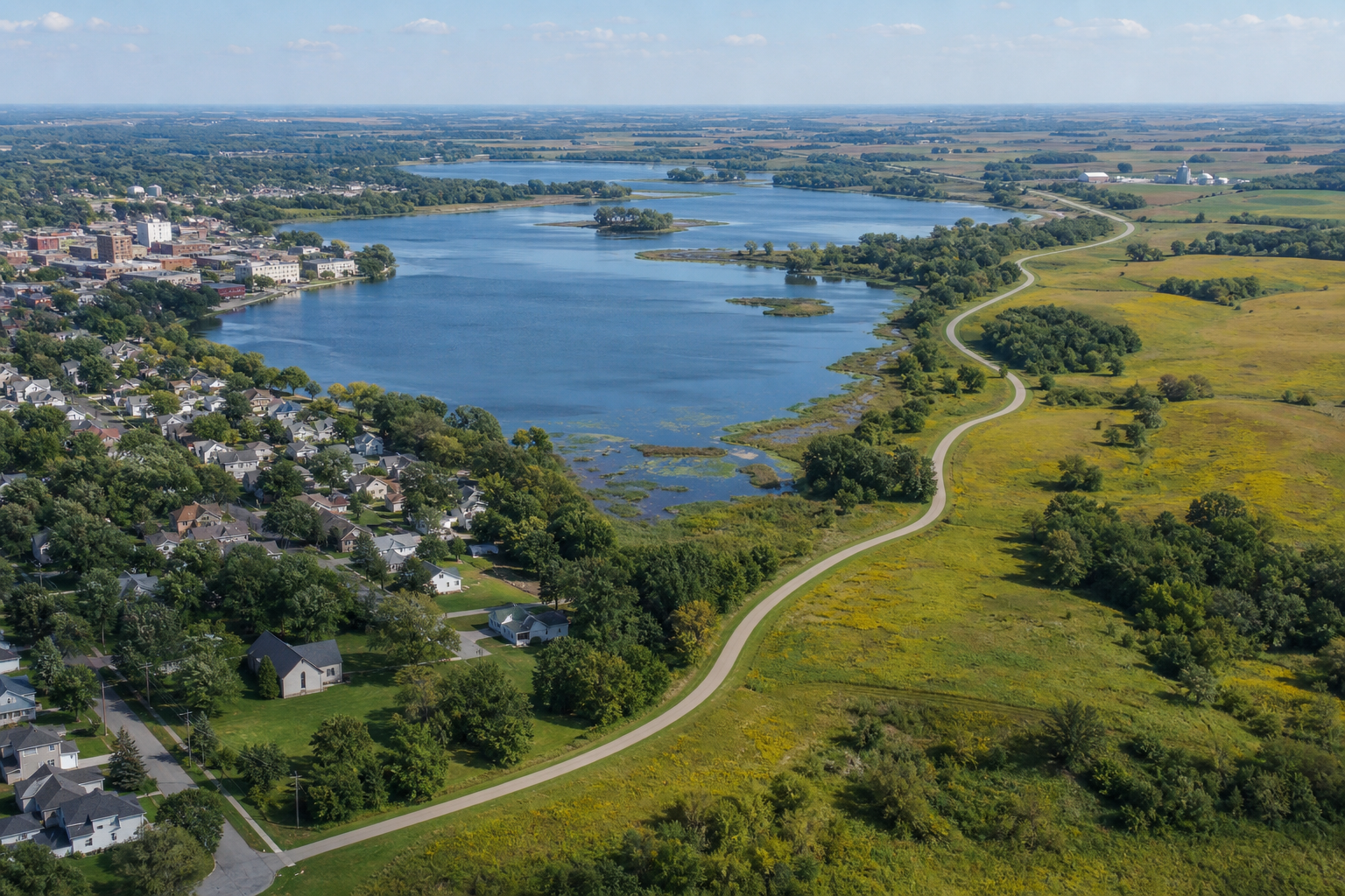 Illustrative elevated view of a southern Minnesota city beside lakes, prairie and a paved trail corridor
