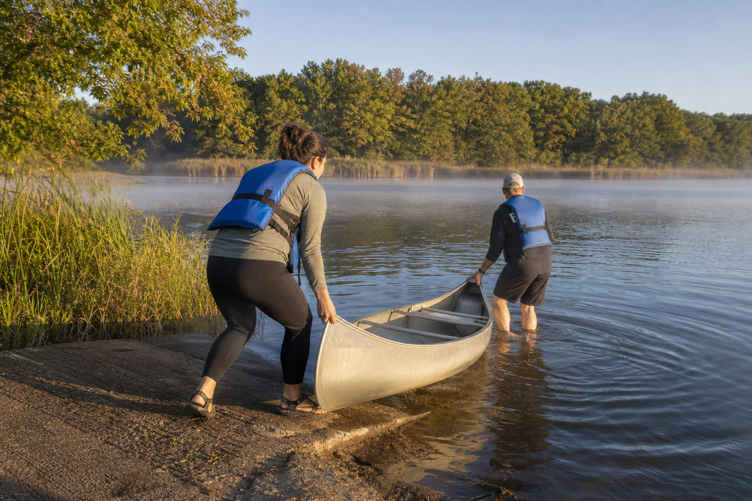 Two adults wearing life jackets prepare a canoe at a maintained lake access