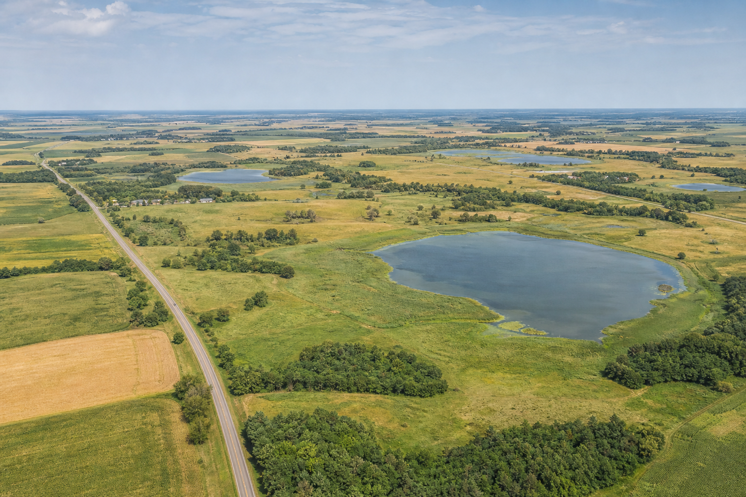 Elevated view across rolling fields, wetlands, lakes and a paved trail in west-central Minnesota