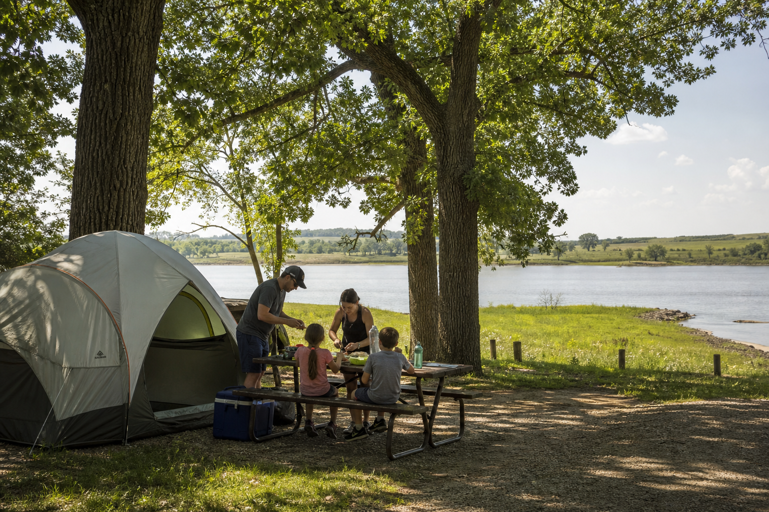A family hikes through maple-basswood woodland toward a glacial lake and meadow