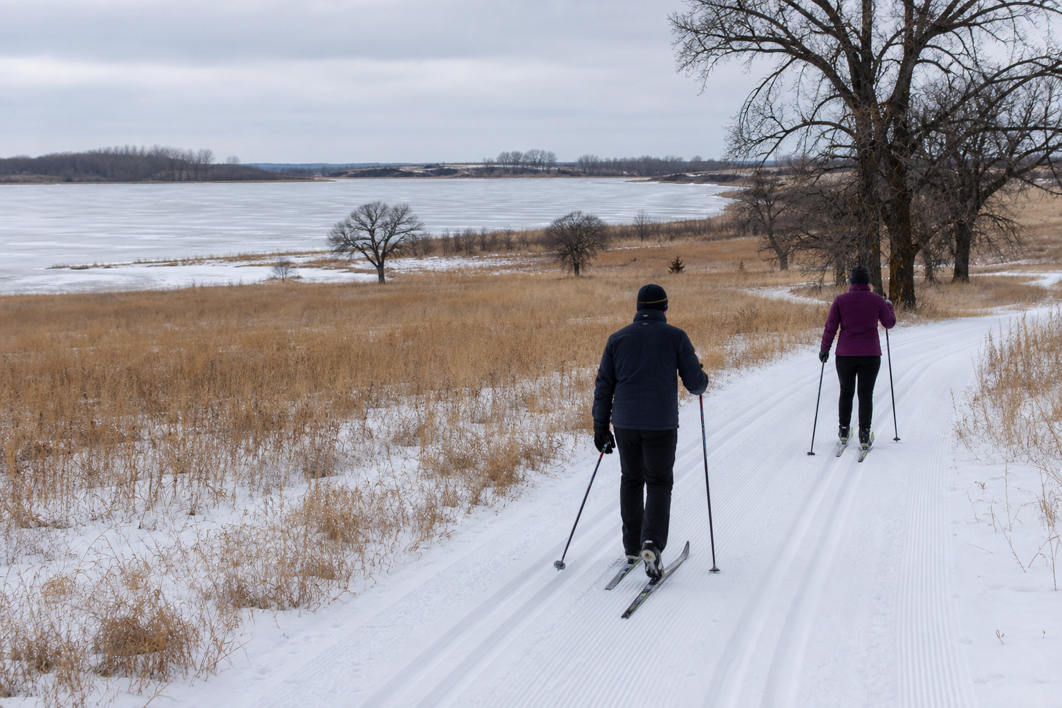 Two cross-country skiers follow a groomed land trail beside a frozen lake