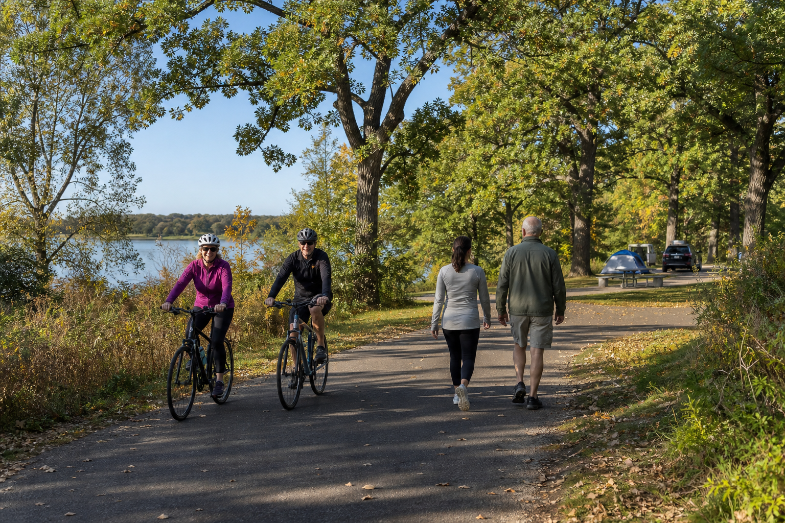 Helmeted cyclists and walkers share a paved oak-lined trail beside a lake