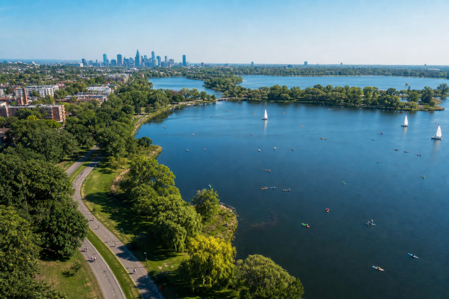 Aerial view of connected Minneapolis lakes, green parkways and a distant skyline