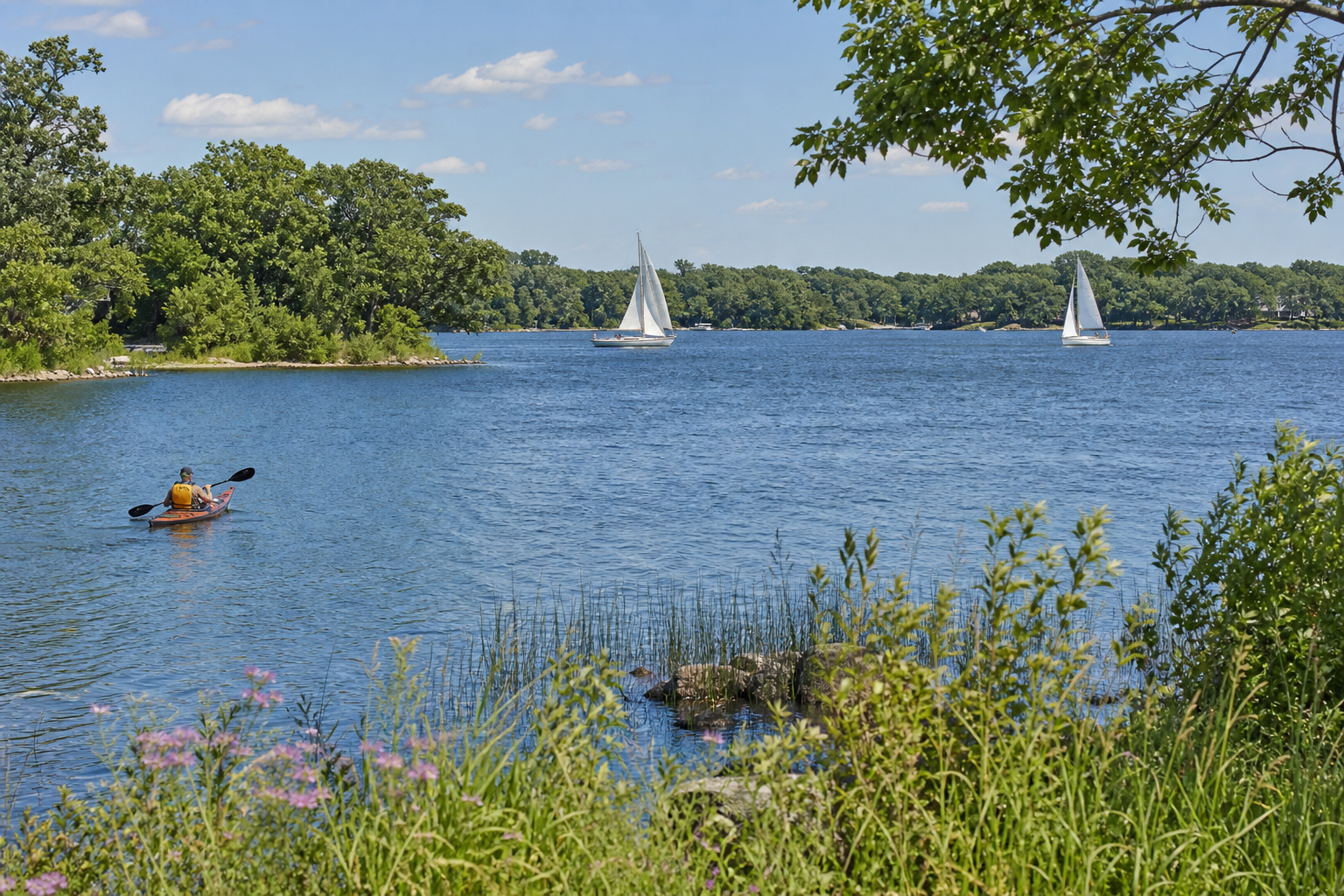 A life-jacketed paddler and sailboats on a broad lake bordered by deciduous shoreline