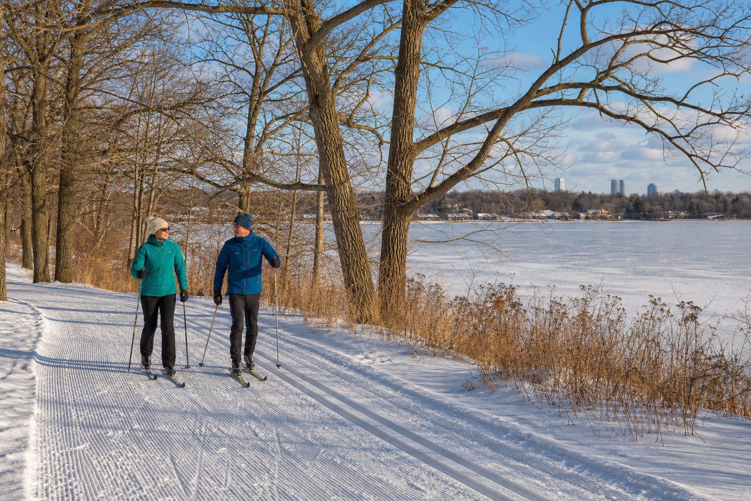 Two adults cross-country ski on a groomed trail beside a frozen metro lake