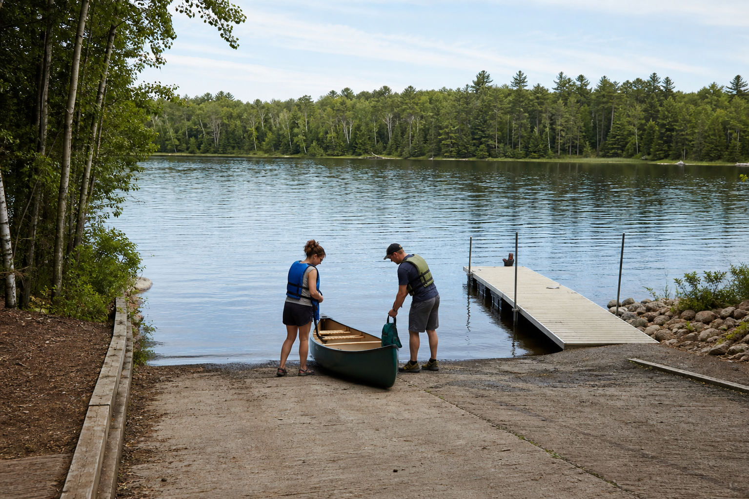 Two adults wearing life jackets prepare a canoe at a maintained lake access
