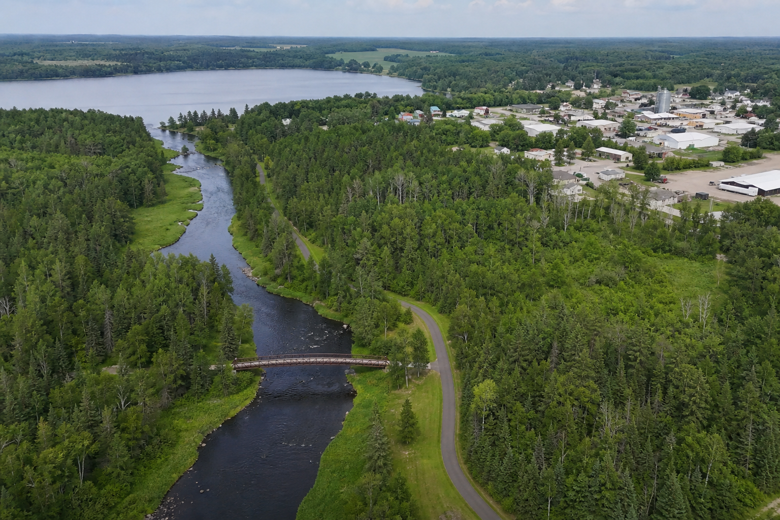 Elevated view across rolling fields, wetlands, lakes and a paved trail in west-central Minnesota