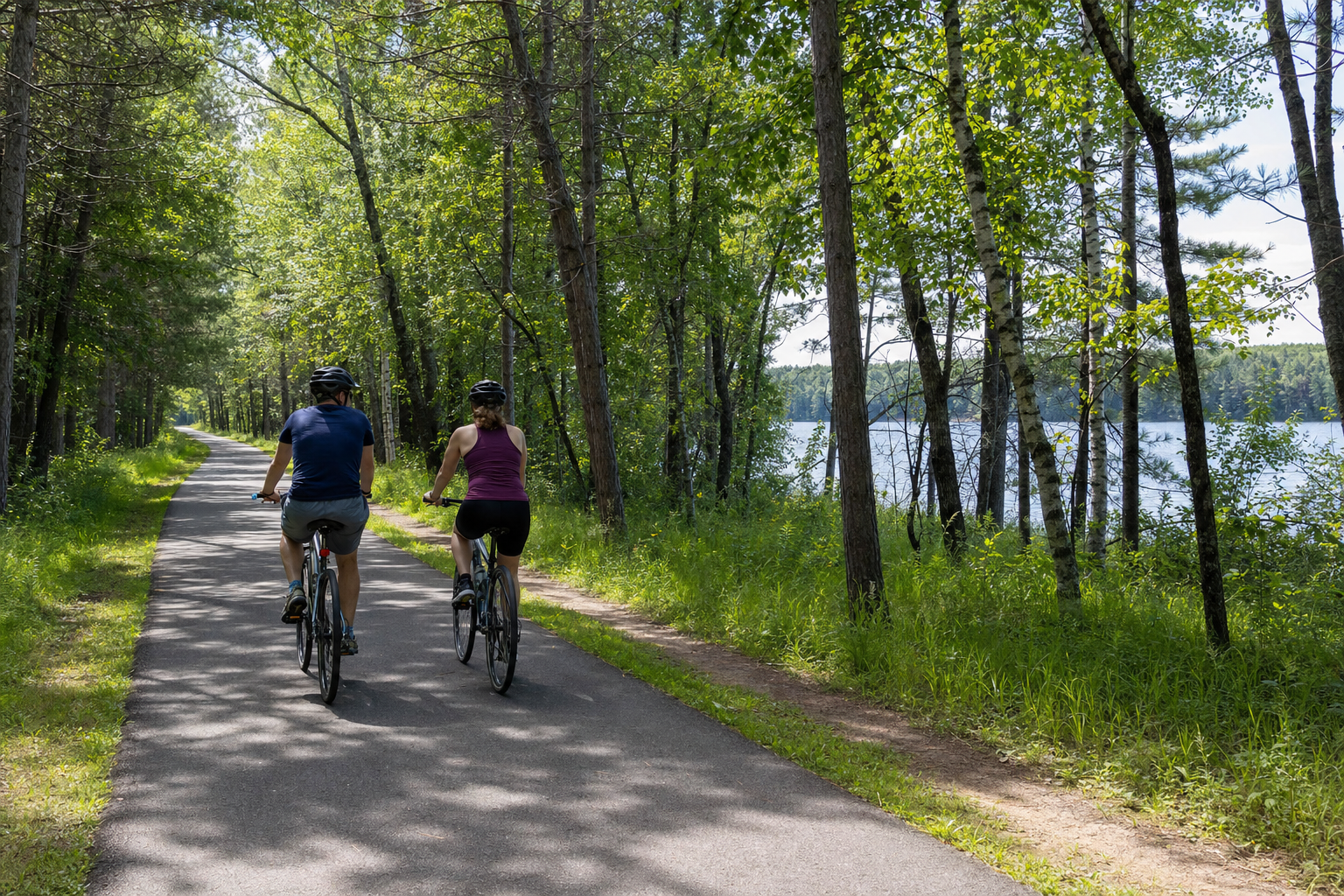 Two helmeted cyclists ride a paved forest trail beside a lake