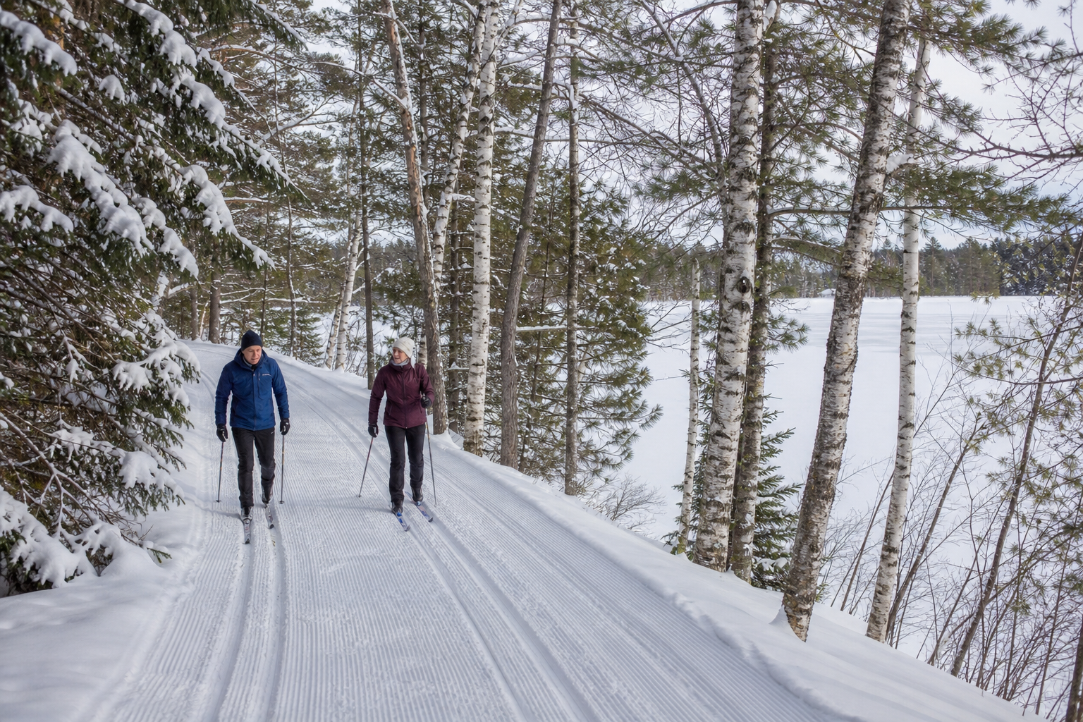 Two cross-country skiers follow a groomed land trail beside a frozen lake