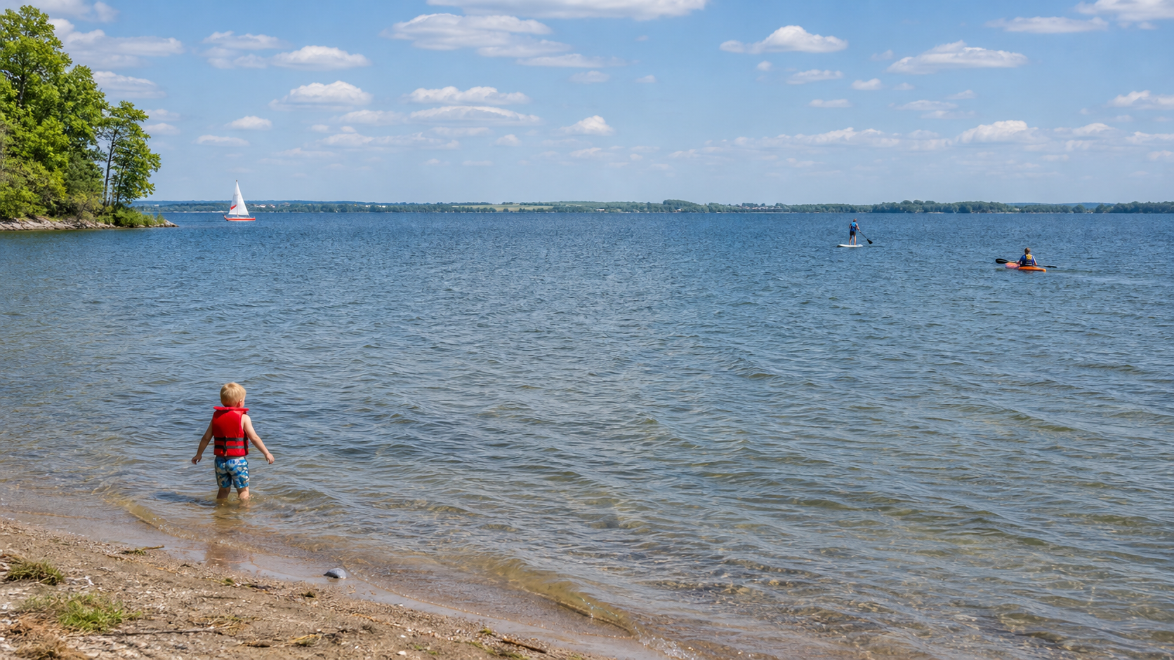 Illustrative summer recreation on a broad clear lake near a west-central Minnesota town
