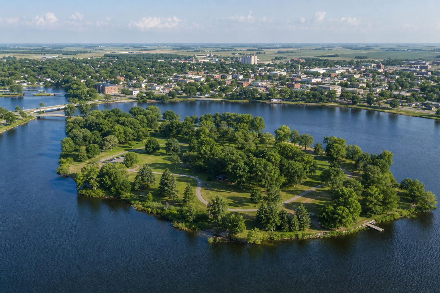 Elevated illustrative view of a wooded public park on a lake beside a west-central Minnesota city