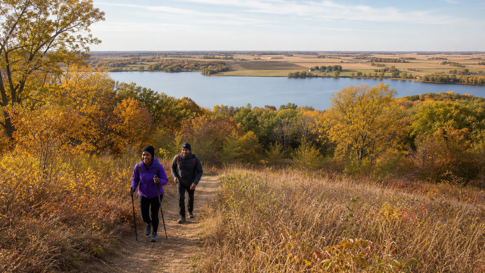 Two adults hike a rolling oak and prairie trail above a west-central Minnesota lake in autumn